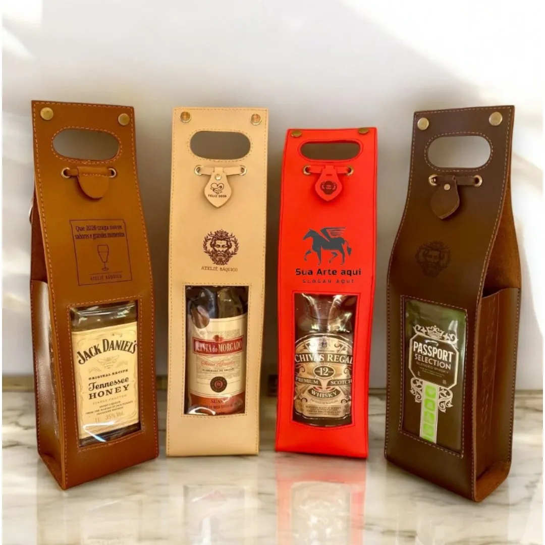 Porta-Vinho Artesanal em Couro Montana Personalizado com Nome ou Logo - foto 2