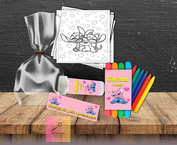 Kit Massinha + Giz + Bolha Stitch e Angel Personalizado - feito à mão por Artmanha Lembrancinhas