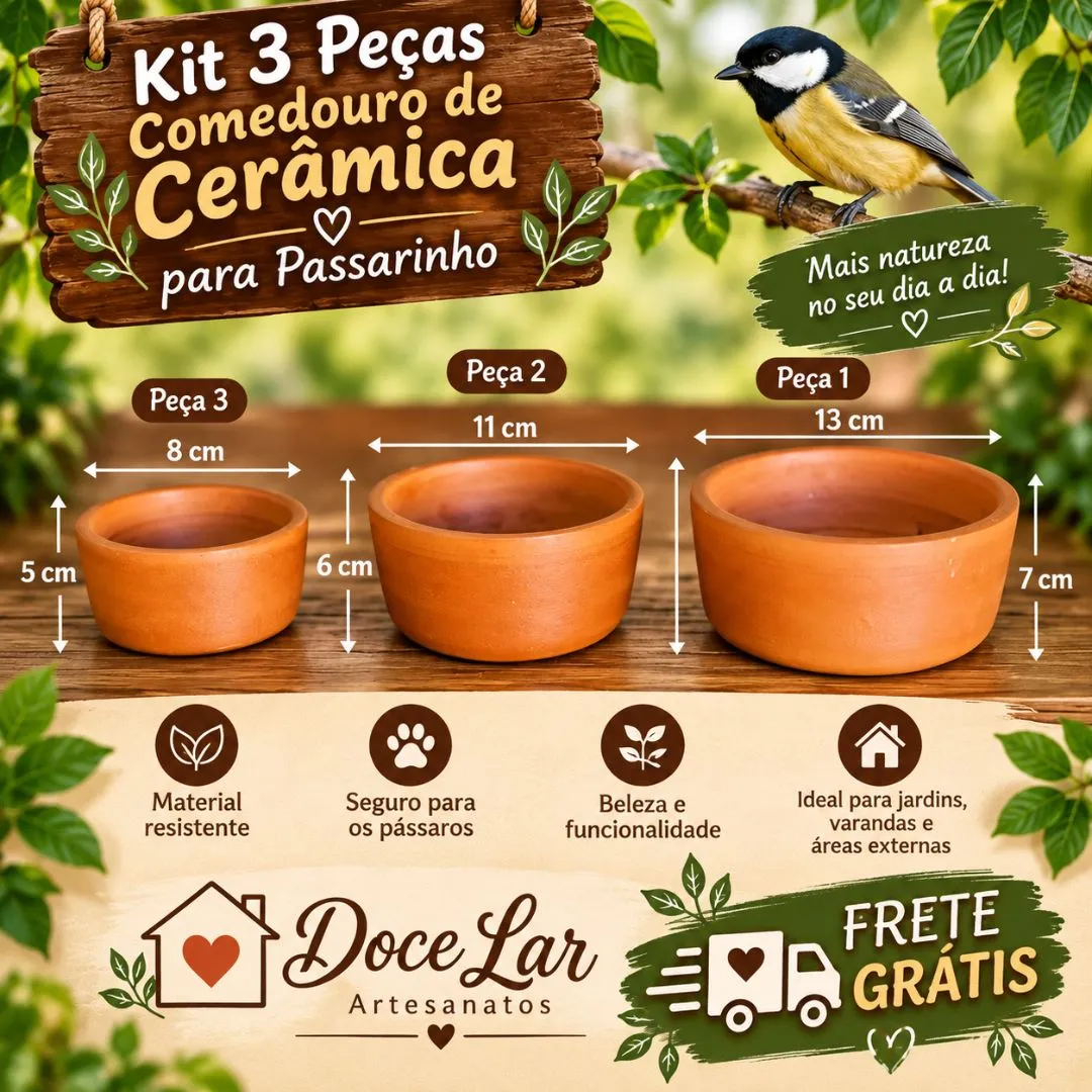 Kit 3 Peças Comedouro e Bebedouro Para Pássaros De Barro Cerâmica
