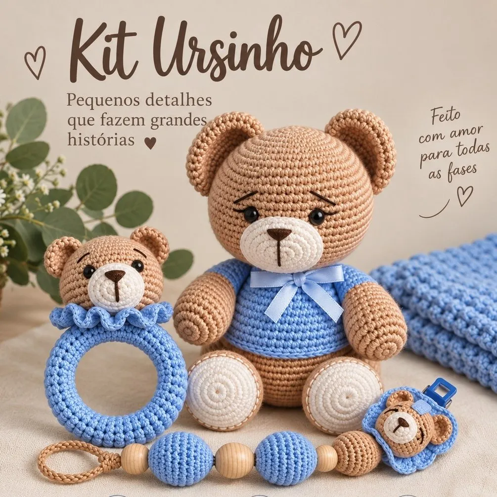 Kit Bebê Ursinho Amigurumi em Crochê – Chocalho e Prendedor de Chupeta - artesanato feito à mão por Crochê Mimado