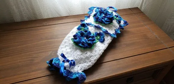Puxa Saco em Crochê Branco com Azul Royal Mesclado - foto 3