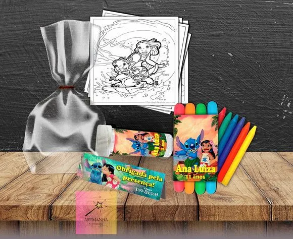 Kit Massinha + Giz + Bolha Lilo e Stitch Personalizado - feito à mão por Artmanha Lembrancinhas