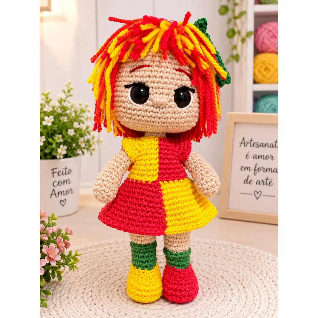 Boneca Emília do Sítio do Pica Pau Amarelo em amigurumi, crochê - artesanato de Graça Carvalho Crochê