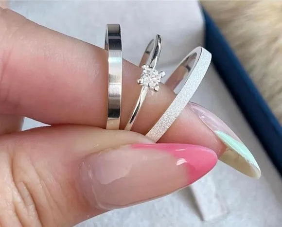 Par Alianças de Namoro Prata 950 2mm + Anel Solitário - artesanato feito à mão por TM JOIAS