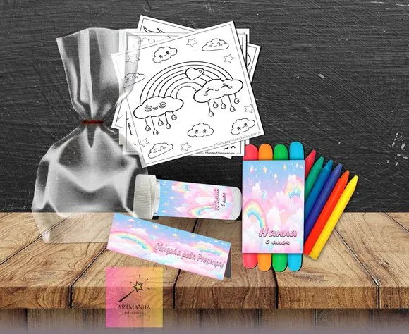 Kit Massinha + Giz + Bolha Arco Iris Personalizado - artesanato feito à mão por Artmanha Lembrancinhas