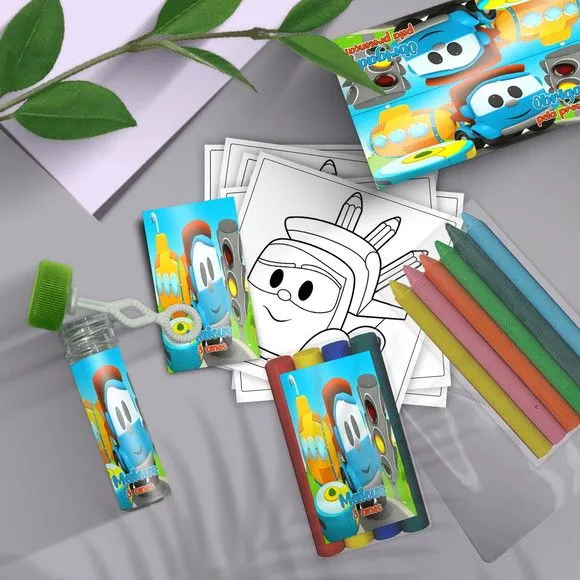 Kit Massinha + Giz + Bolha - Léo Caminhão Personalizado - feito à mão por Mi Papelaria Criativa