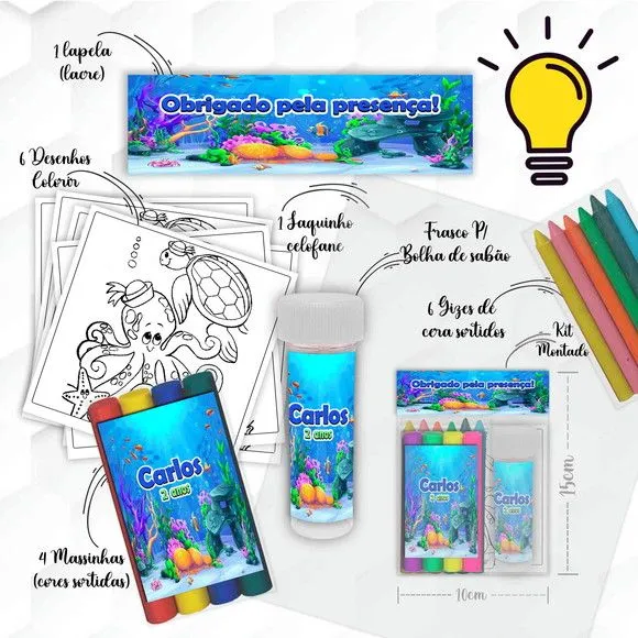 Kit Massinha + Giz + Bolha Fundo do Mar Personalizado - feito à mão por Mi Papelaria Criativa