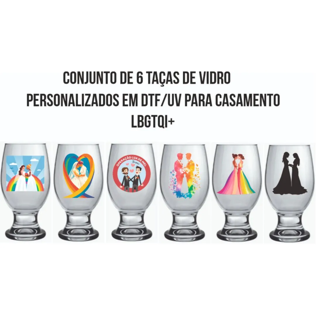 Conjunto de 6 Taças de Vidro 250 ml Personalizadas a Pedido do Cliente para Casamentos Lbgtqi+ - artesanato de Kharmo Arts Camisetas e Brindes Personalizados