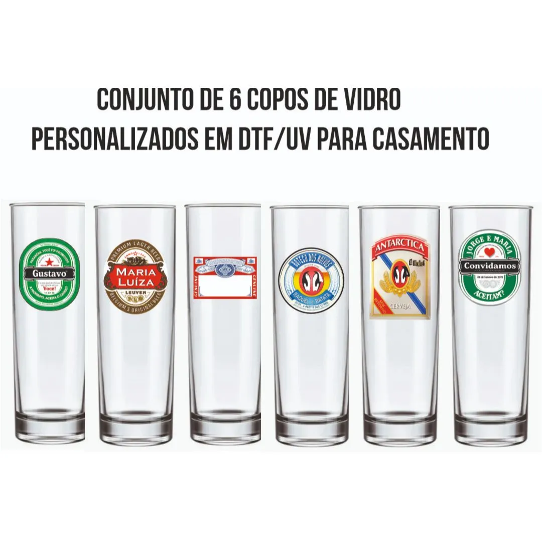 Conjunto de 6 Copos de Vidro - 300ml - Personalizados a Pedido do Cliente com Dtf/Uv para Comemoração, Casamentos e Eventos.