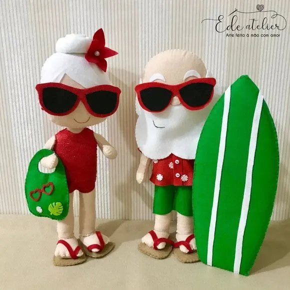 Casal Papai e Mamãe Noel Praiano em Pé - artesanato feito à mão por edeatelier