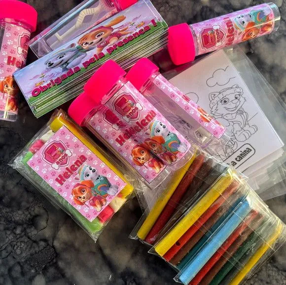 Kit Massinha + Giz + Bolha Patrulha Rosa Personalizado - artesanato feito à mão por Artmanha Lembrancinhas