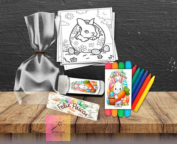 Kit Massinha + Giz + Bolha Pascoa Personalizado - feito à mão por Artmanha Lembrancinhas