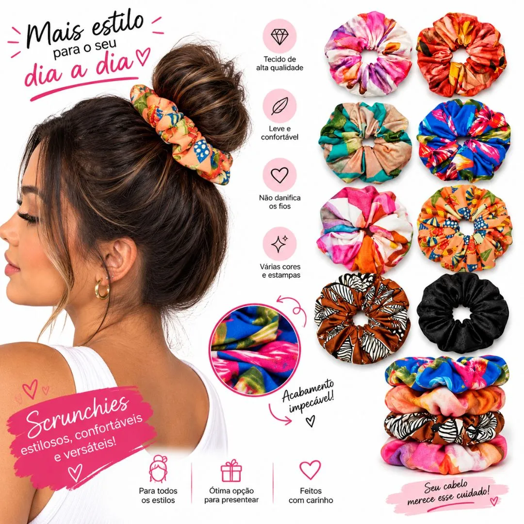 Kit com 10 Scrunchies Artesanais – Estampas Sortidas - artesanato feito à mão por Dvany Beauty