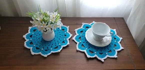 Mini Sousplat Crochê Café ou Chá Azul Turquesa /branco - foto 5