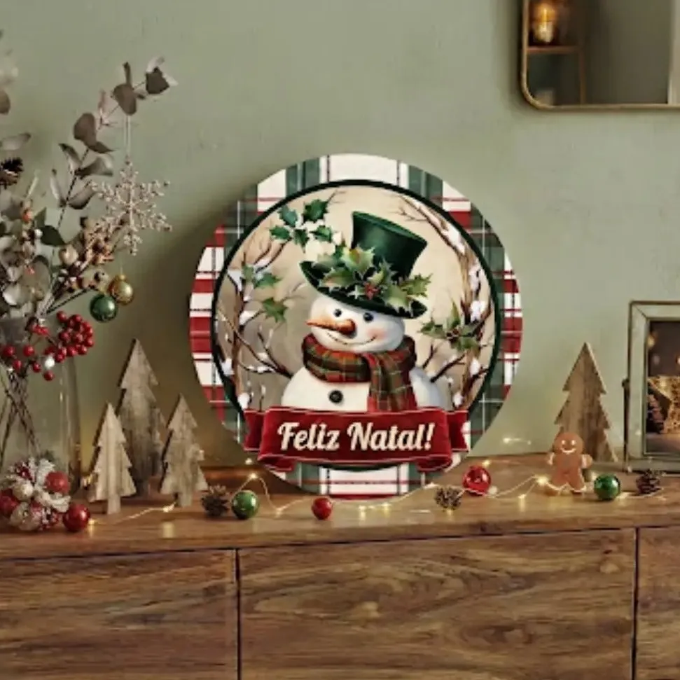 Placa decorativa MDF 35 cm Guirlanda de Natal enfeite de porta Boneco de Neve Xadrez - artesanato feito à mão por Limão e Amora Festas