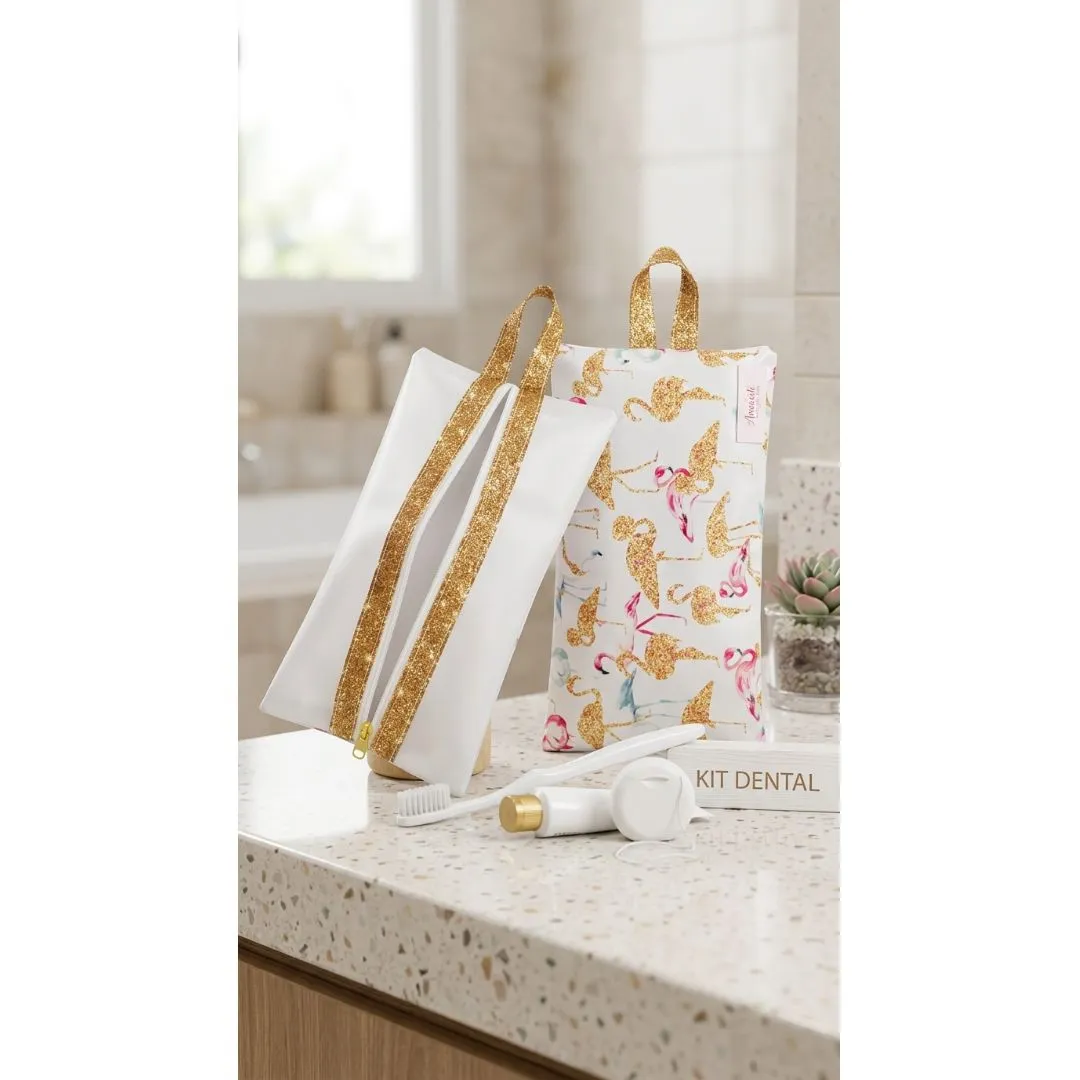 Necessaire Kit Higiene Bucal Flamingo Dourado com Visor Transparente - foto 3