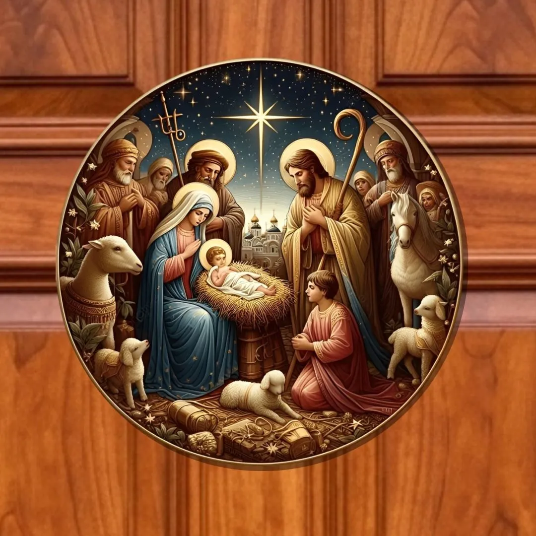 Guirlanda de Natal enfeite de porta Placa decorativa MDF 33 cm  Presépio 2