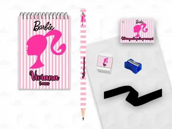 Bloquinho+ Borracha e Apontador Barbie Personalizada - artesanato feito à mão por creativitybynina