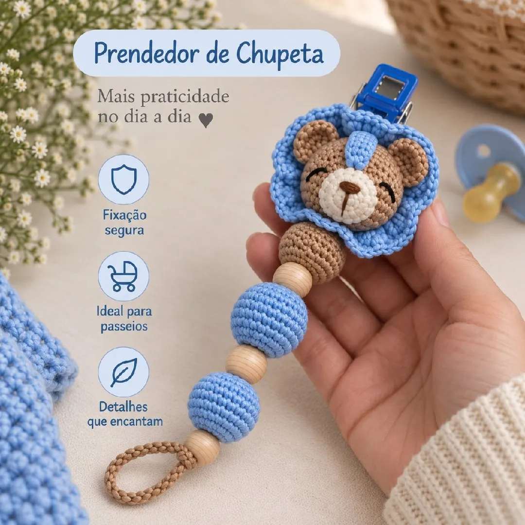 Kit Bebê Ursinho Amigurumi em Crochê – Chocalho e Prendedor de Chupeta - foto 3