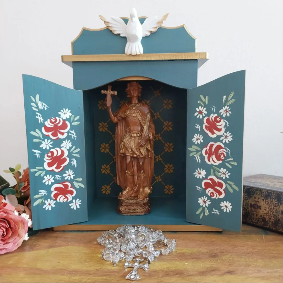 Oratório Capela Com Porta Para Imagens De Até 20cm Azul Ouro Preto - Com Iluminação - foto 3