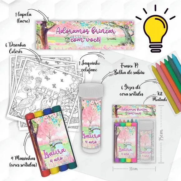 Kit Massinha + Giz + Bolha Jardim Encantado Personalizado - feito à mão por Mi Papelaria Criativa
