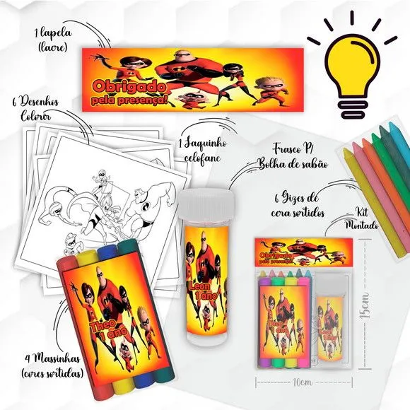 Kit Massinha + Giz + Bolha os Incriveis Personalizado - feito à mão por Mi Papelaria Criativa