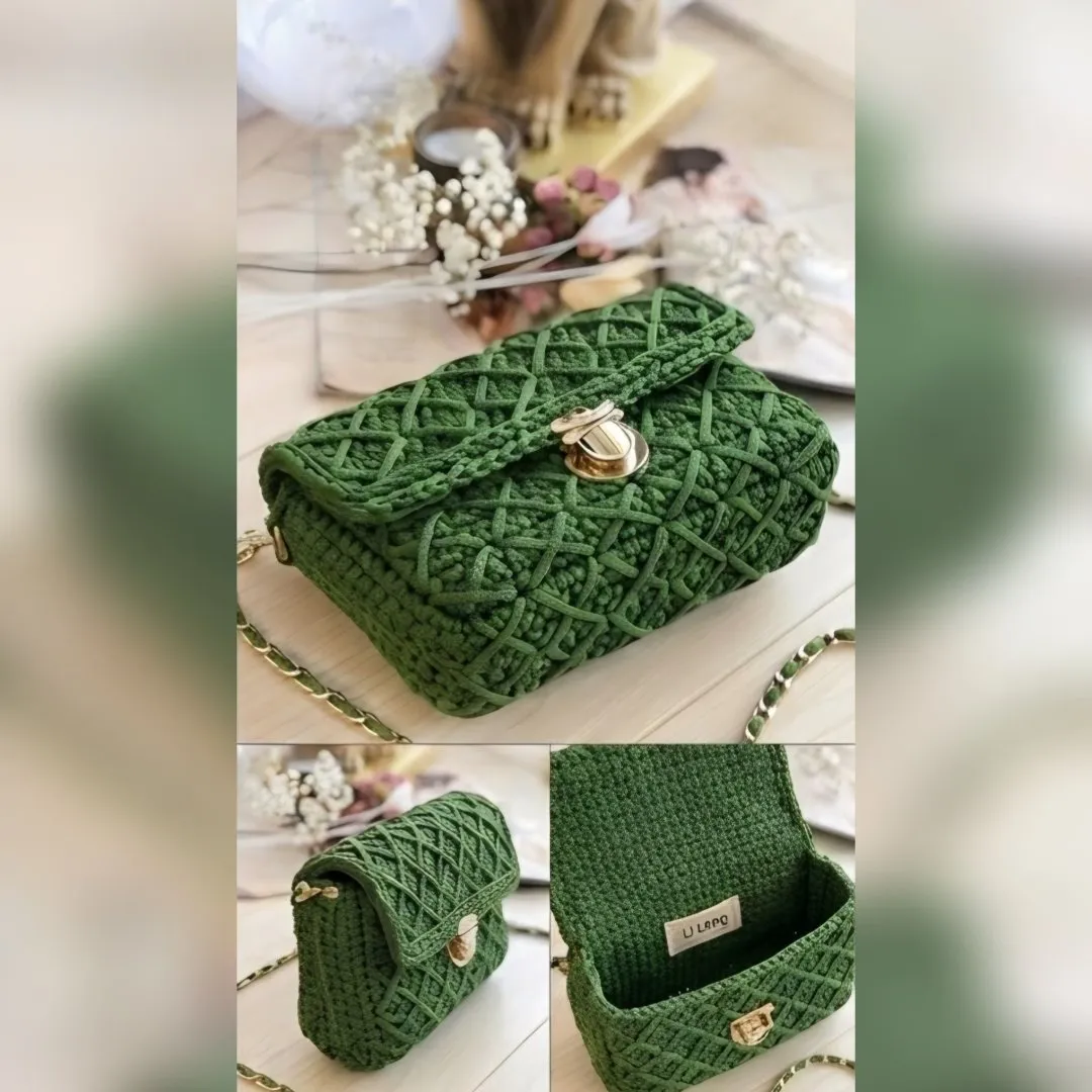 Bolsa Feminina de Crochê Transversal – Verde Militar com Fecho e Alça Dourada - foto 2