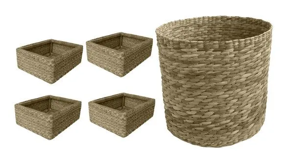 Kit 4 Cestos 42x23x16 e 1 Cesto Redondo 35x37 Taboa Natural - artesanato de Mundo Urbano
