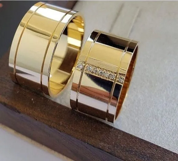 Par Alianças de Noivado Moeda Antiga 10mm + Anel Solitário - artesanato feito à mão por TM JOIAS