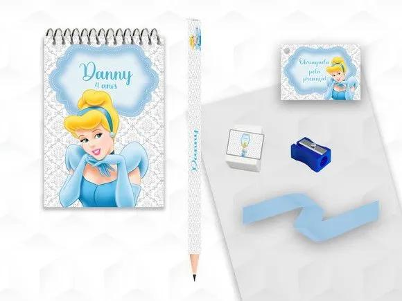 Bloquinho+ Borracha e Apontador Cinderela Personalizada - artesanato feito à mão por creativitybynina