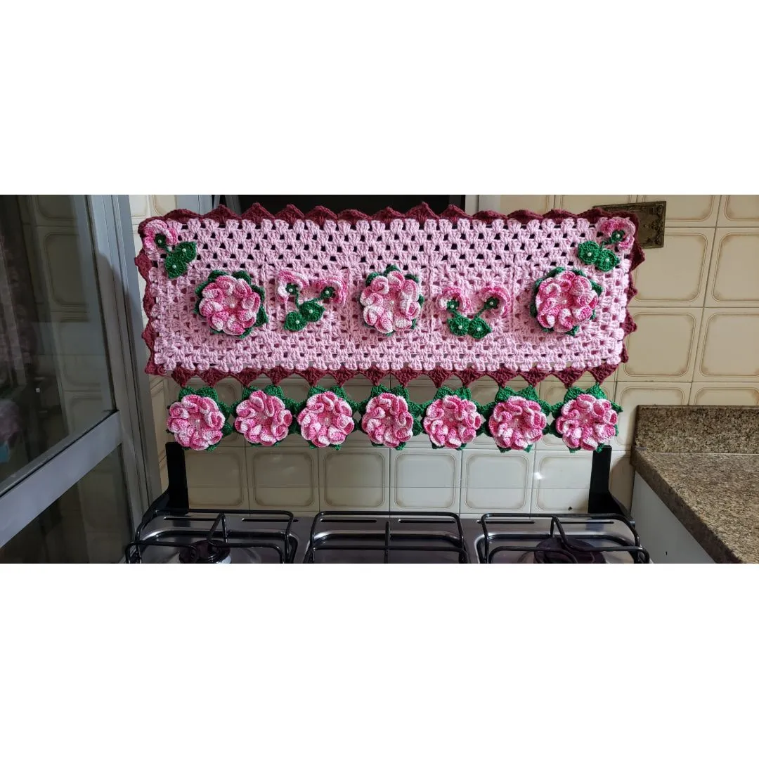 Capa Encaixe Crochê Tampa Fogão 5 Bocas Flores Rosa