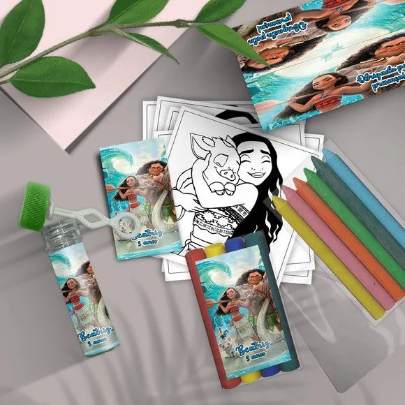 Kit Massinha + Giz + Bolha - Moana Personalizado - feito à mão por Mi Papelaria Criativa