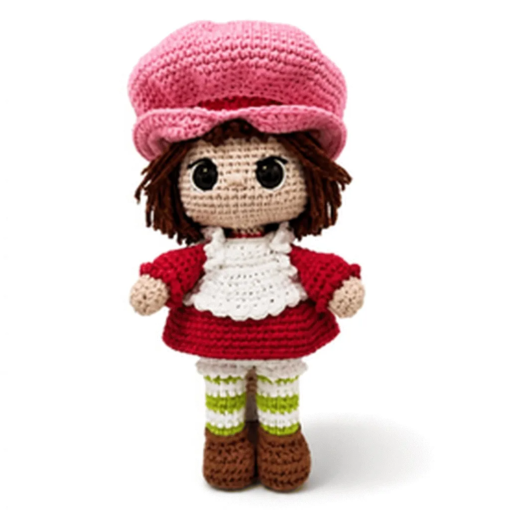Boneca confeiteira moranguinho de crochê, amigurumi