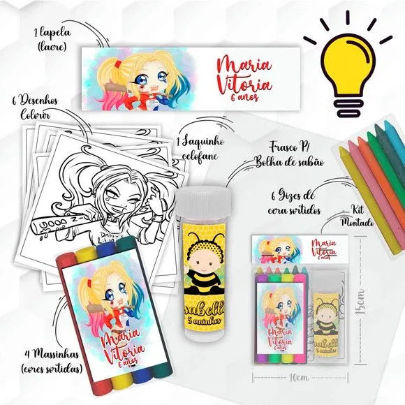 Kit Massinha + Giz + Bolha Arlequina Personalizado - artesanato feito à mão por Mi Papelaria Criativa
