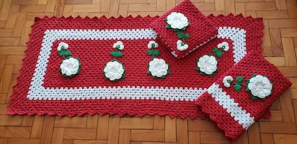Jogo de Cozinha Crochê 03 Peças - Vermelho com Flores Branca