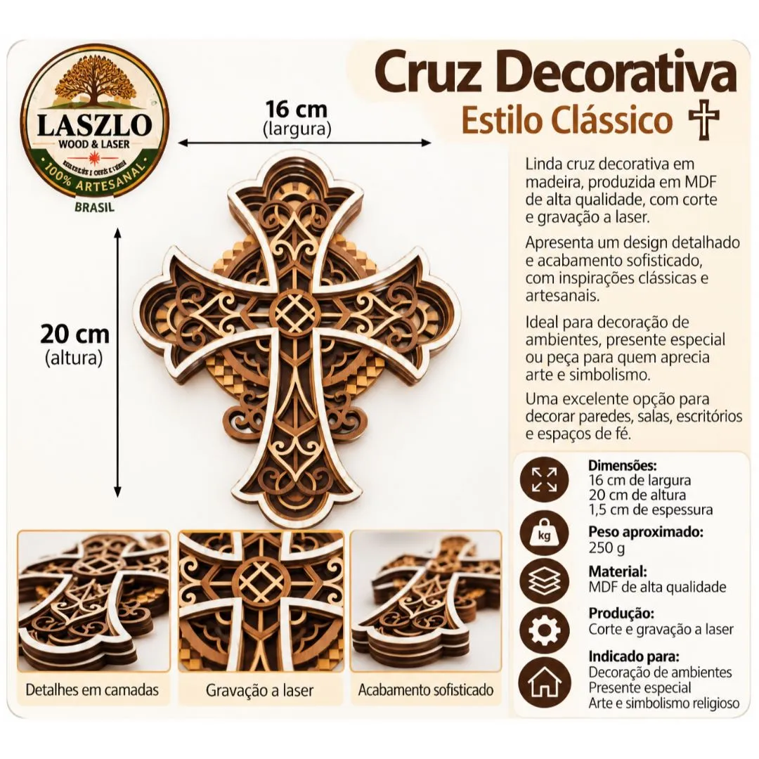 Cruz Decorativa Artesanal em MDF – Corte a Laser – 20 x 16 cm - foto 8