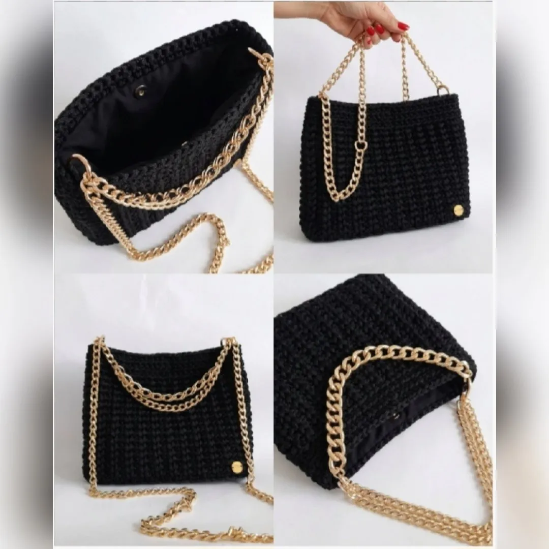 Bolsa Transversal de Crochê Preta – Elegância com Alça de Corrente Dourada - foto 2