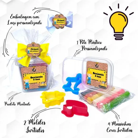 Massinha no Pote com Cortadores Construção Personalizada - feito à mão por Mi Papelaria Criativa