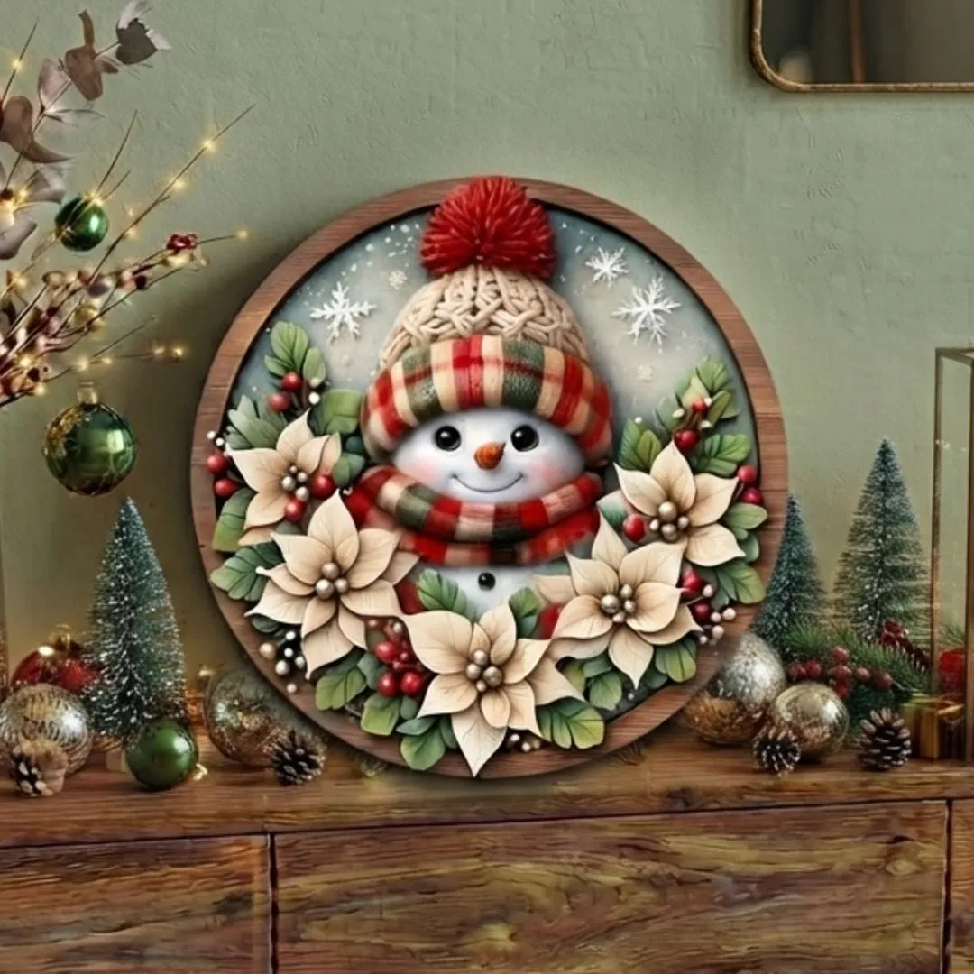 Placa decorativa MDF 35 cm Guirlanda de Natal enfeite de porta Boneco de Neve com flores - artesanato feito à mão por Limão e Amora Festas