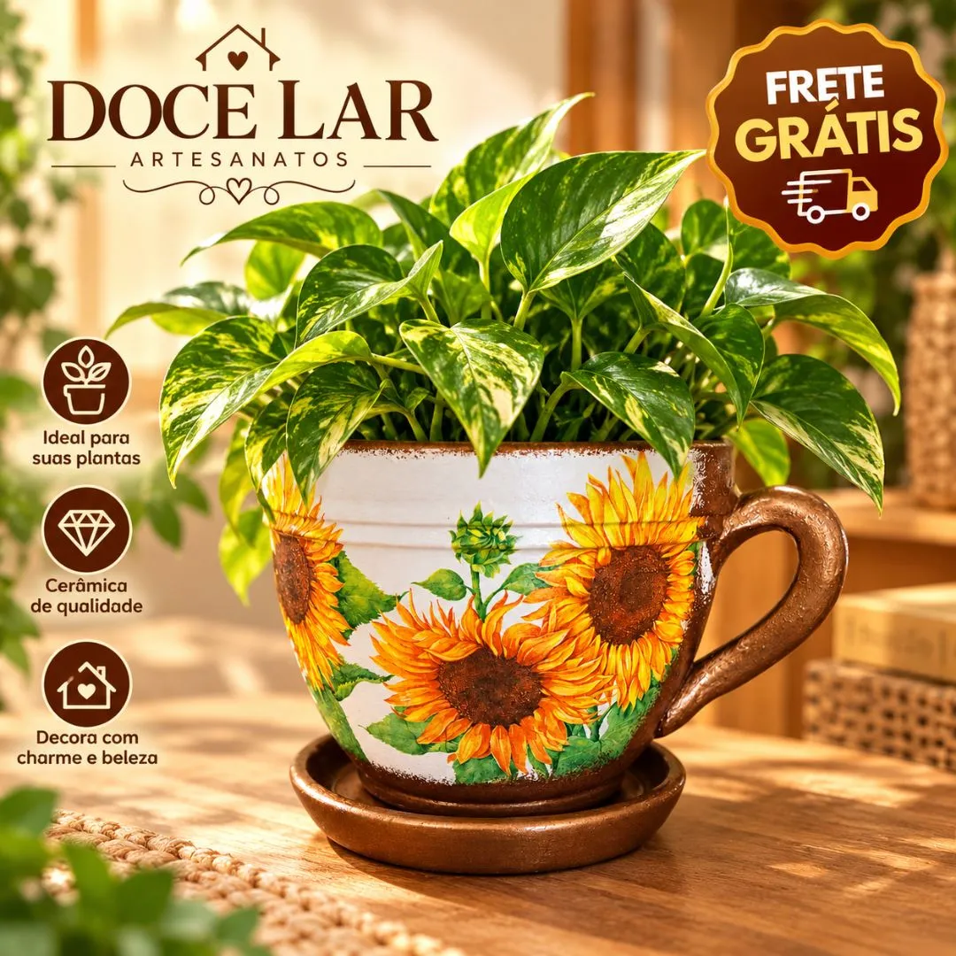 Vaso de Planta Tipo Xícara de Cerâmica Tamanho Grande Artesanal Girassol Ferro - foto 2