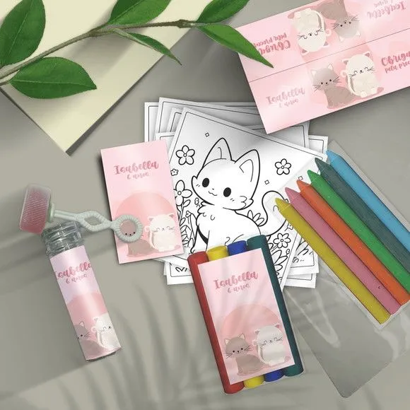 Kit Massinha + Giz + Bolha - Gatinhos Personalizado - feito à mão por Mi Papelaria Criativa