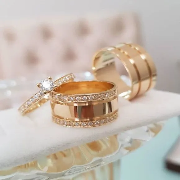 Alianças de Ouro 18k 10mm 10grs Casamento + Anel Solitário - feito à mão por TM JOIAS