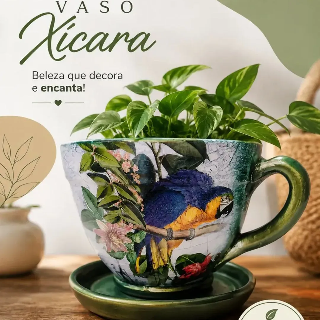 Vaso de Planta Tipo Xícara de Cerâmica Tamanho Médio Artesanal Arara - foto 4