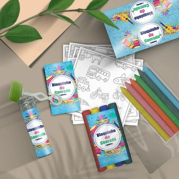 Kit Massinha + Giz + Bolha - Bloquiho Carnaval Personalizado - feito à mão por Mi Papelaria Criativa