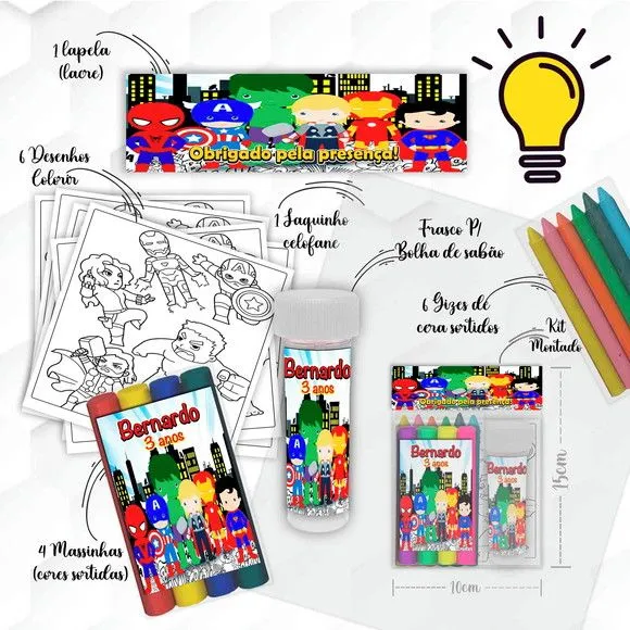 Kit Massinha + Giz + Bolha Herois Baby Personalizado - feito à mão por Mi Papelaria Criativa