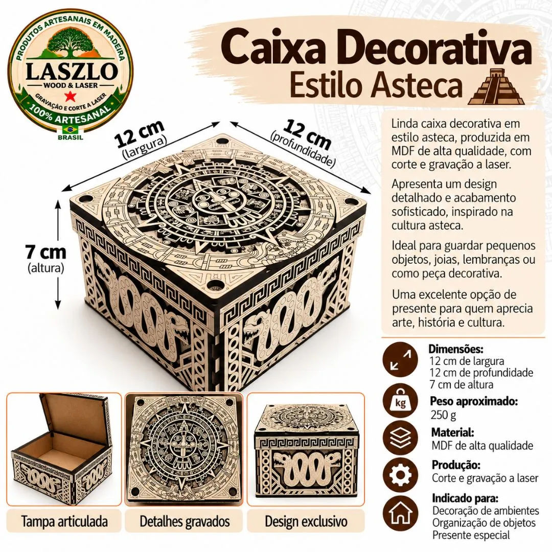 Caixa de Madeira MDF Com Gravação Asteca Artesanal 12x12x7cm - foto 8