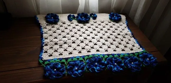 Puxador Forno em Crochê Flores Azul Royal Mesclado - foto 2