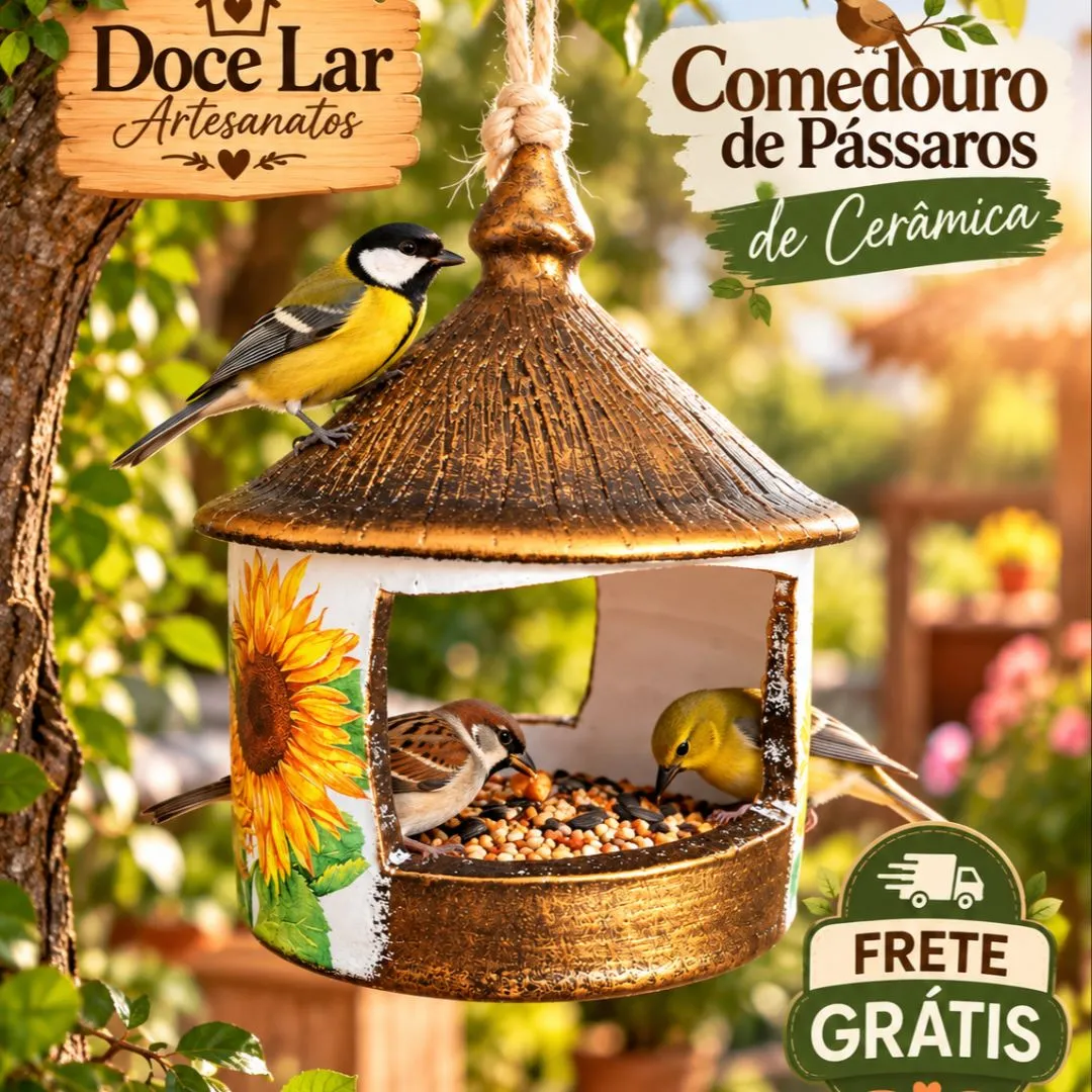 Comedouro De Pássaro De Cerâmica Artesanal Girassol Rústico - foto 3