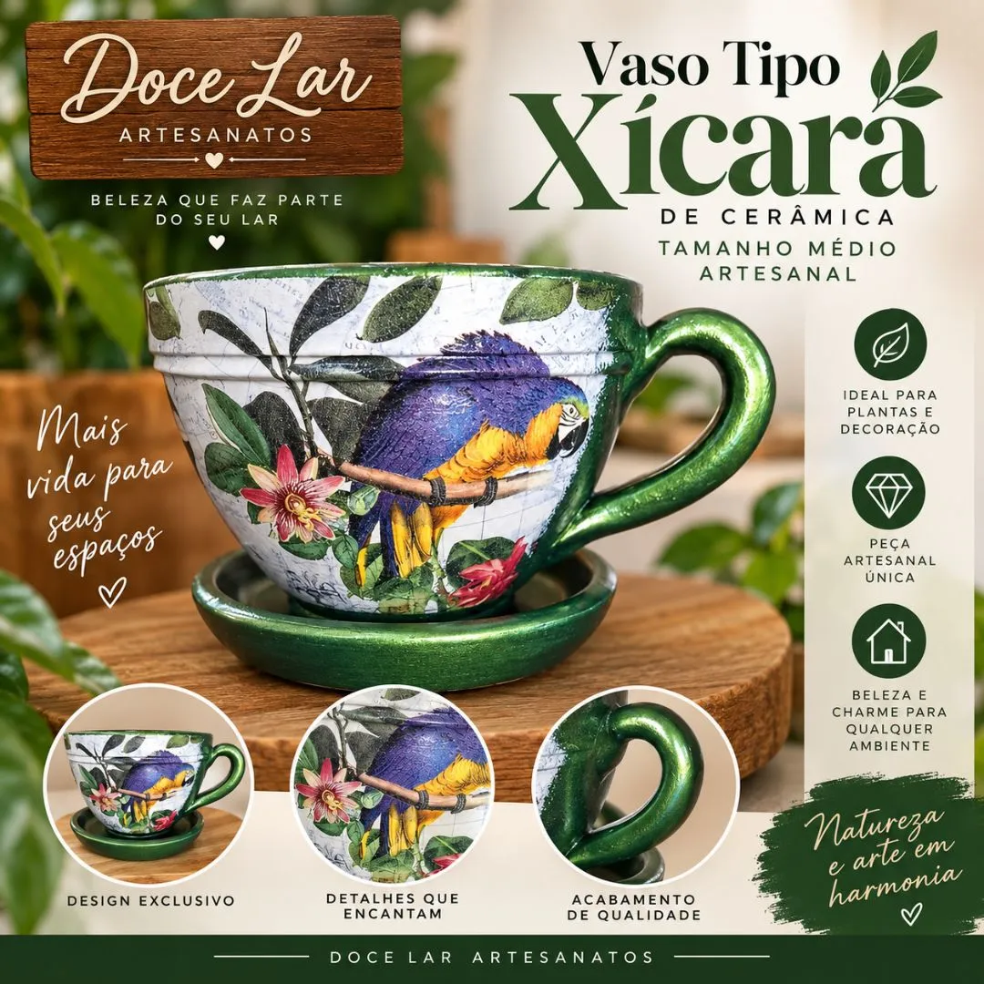 Vaso de Planta Tipo Xícara de Cerâmica Tamanho Médio Artesanal Arara - foto 2