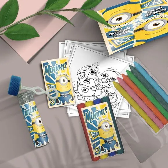 Kit Massinha + Giz + Bolha - Minions Personalizado - feito à mão por Mi Papelaria Criativa